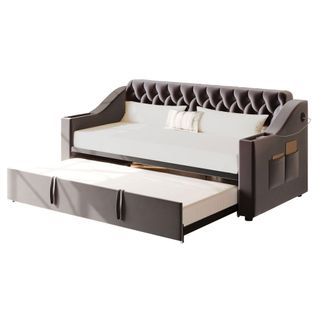 Lit Gigogne 90x190 Cm - Lit Simple Velours Avec Rangement Et Port USB, Sommier à Lattes - Gris Foncé