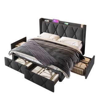 Lit Avec Rangement 160x200 Cm - 4 Tiroirs, Prises USB, Design Capitonné Lin Gris