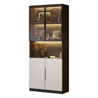 vitrine 80x30x200cm, 2 Portes En Blanc, LED, 2 Portes En Verre, Moderne, Aggloméré, Noir+blanc