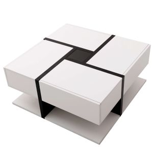 Table Basse78x78x36cm, Table Carré, 4 Tiroirs, Moderne, Aggloméré, Blanc+noir