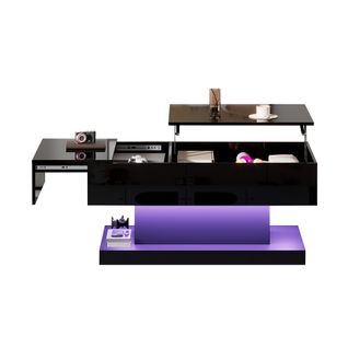 Table Basse 100*50*45cm, Table Salon De Rangement, Plateau Relevable Et Coulissant, LED, En Pb, Noir