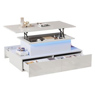 Table Basse 90x55x41cm, Table Salon, LED, Tiroir, Compartiment Caché, Plateau Relevable, Pb, Blanc