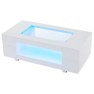 Table Basse 100*50*35cm, Table De Salon, LED, Stockage Creux, Plateau En Verre Trempé, Pb, Blanc