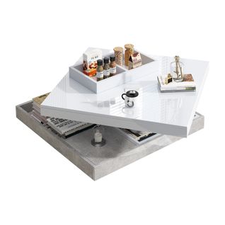 Table Basse 70*70*36cm, Table Salon, Plateau Pivotant à 360°, Niche Concave, Motif Marbre, Pb, Blanc