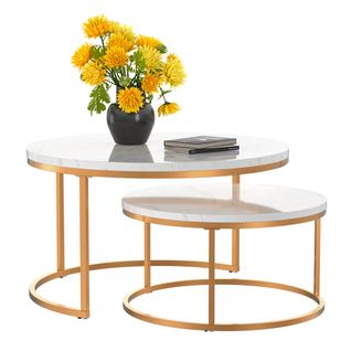 Table Gigogne 2 Pièces - Tables Rondes Empilables Avec Plateau Mdf Facile à Nettoyer - Doré