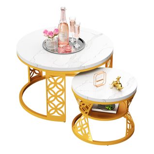 Table Gigogne 2p - Rondes Empilables Effet Marbre Avec Pied Métal - Blanc/Doré