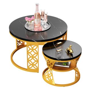 Table Gigogne 2p - Rondes Empilables Effet Marbre Noir Avec Pied Doré - Noir/or