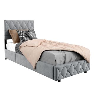 Lit Simple 90x200 Cm Avec Tête Capitonnée - Coffre De Rangement Et Velours Gris Clair