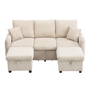 Canapé D'angle Beige, Canapé 3 Places En U Avec Rangement, 2 Tiroirs, Tabouret, En Velours Côtelé