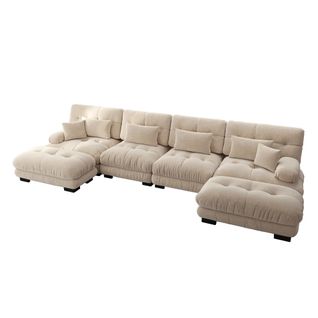 Canapé D'angle Modulable, Canapés 4 Places Avec Repose-pieds Amovible, En Chenille, Marron Clair