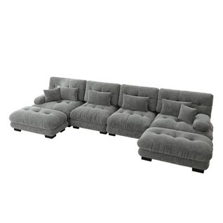 Canapé D'angle Modulable, Canapés 4 Places Avec Repose-pieds Amovible, En Chenille, Gris