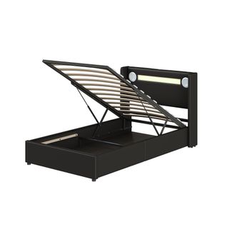 Lit 90x200cm, Lit Enfant, Lit Simple, Lit Coffre, LED, USB, Sommier, Pu, Métal+bois, Noir