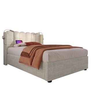 Lit Coffre Simple 90x200 Cm Avec Lampe Intégrée, Port USB Et Tissu Lin Beige Naturel