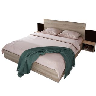 Lit Adulte En Bois 160x200 Cm Avec 2 Tables De Chevet, Motif De Bois, Chêne Sonoma+gris Foncé