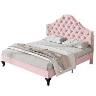 Lit Double 140 X 200 Cm, Tête De Lit Réglable, Sommier à Lattes, Velours Rose