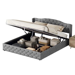 Lit Coffre 180x200cm, Lit Double, Lit Adulte, Tête De Lit, Tissu En Lin, En Fer Et Mdf, Gris