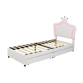 Lit 90x200cm, Lit 1 Places, Tête De Lit, 2 Tiroirs, Sommier, Moderne, LED, Pu, Blanc