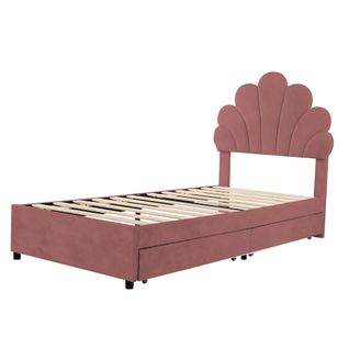 Lit 90x200cm, Lit Enfant, Lit 1 Places, 2 Tiroirs, Tête De Lit, Sommier, Velours, Rose