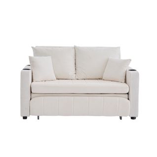 Canapé 2 Places, Canapé Pliant Beige Avec Fonction Gigogne, Dossier Réglable, USB, Porte-gobelet