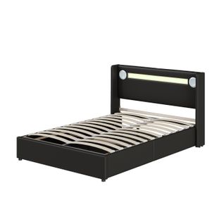 Lit Coffre Double 140x200 Cm, LED, Lecteur Bluetooth Et Chargement USB, Sommier à Lattes, Pu Noir