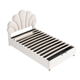 Lit Simple 90x200 Cm Avec Tête De Lit Fleurie, Sommier Et Coffre, Velours Beige