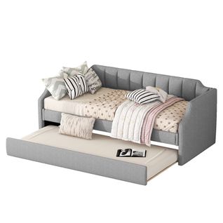 Lit Gigogne 90 X 200(190)cm, Lit Extensible 2 En 1 Sur Roulettes, Dossier, Accoudoir, Lin, Gris