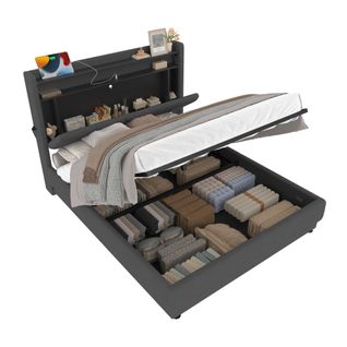 Lit Coffre 160x200cm, Lit Double, Ports USB et Type-c, LED, Poches, Étagère, Velours, Gris Foncé
