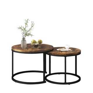 Table Gigogne 70.5*70.5*50cm, Lot De 2 Tables Basses, Pieds Noirs En Fer, Motif De Bois, Mdf, Brun