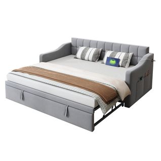 Lit Gigogne 90/180x190 Cm - Simple, Tiroir, Poche, USB, Velours - Gris Clair