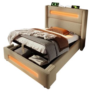 Lit Coffre 90x200 Cm Avec Rangement Hydraulique, LED Et Ports USB - Lin - Beige
