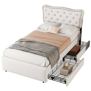 Lit Rangement 90x200 Cm Avec 2 Tiroirs Et Tête Ondulée à Clous - Revêtement En Lin - Beige Clair