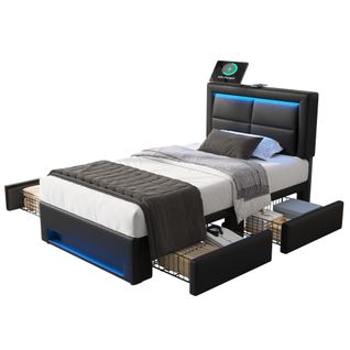 Lit Simple 90x190 Cm Avec Rangement Et Ports USB - Design Contemporain - Noir