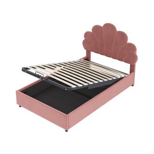 Lit Coffre 90x200 Cm - Lit Simple Tête Fleur Avec Rangement - Velours + Métal + Mdf - Rose