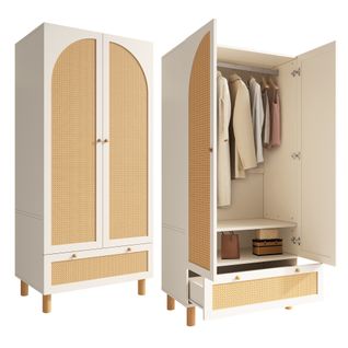Armoire 85.5*52*180.5cm, Armoire Avec Rangement, Étagère, 2 Portes, Tiroir De Rotin, Mdf, Pb, Blanc