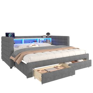 Lit Gigogne 90x190cm, Lit 2 En 1, LED, Portsusb/type-c, Tiroirs, Niches, Étagère, Mdf, Velours, Gris