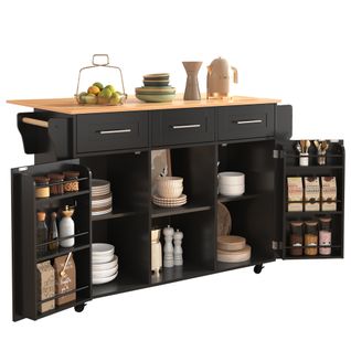 Îlot De Cuisine 139x46x91,5cm, Tiroir, Porte-serviette, Plateau Pliable, Mdf, Couleur Noir Et Bois