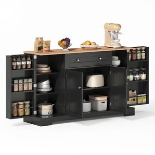 Buffet De Cuisine 138*40*85cm, Îlot Central, 1 Tiroir, Étagères, 4 Portes, Mdf, Couleur Noir Et Bois