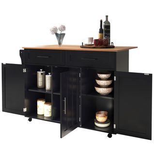 Îlot De Cuisine 129x46x91,5cm, 2 Tiroir, Porte-serviette, Plateau Pliable, Mdf, Couleur Noir Et Bois