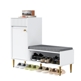 Meuble à Chaussures Moderne 100x35x82,2 Cm Avec Assise, 1 Porte, 1 Tiroir Et Niche Ouverte, Blanc