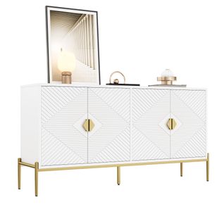 Buffet Moderne 162x40x80 Cm Avec 4 Portes, Poignées Dorées Et Pieds En Métal, Mdf Blanc