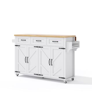Îlot De Cuisine Pliable 140x70x90,5 Cm Avec 4 Portes Et 3 Tiroirs, Mdf Blanc