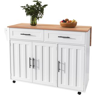 Buffet De Cuisine Rétractable 129x46(71)x91,5cm, Îlot Central, 2 Tiroirs, Mdf Blanc Et Bois
