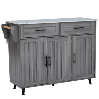 Buffet De Cuisine Rétractable 129x46(71)x91,5cm, Îlot Central, 2 Tiroirs, Mdf Gris Et Blanc
