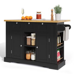 Buffet De Cuisine Rétractable 132x40(70)x87cm, Îlot De Cuisine, En Mdf, Noir Et Bois