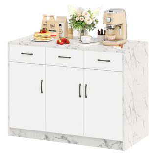 Buffet De Cuisine Moderne 120x60x90,5 Cm, Îlot De Cuisine, 3 Tiroirs, Motif Marbre, Mdf Blanc