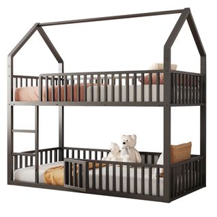 Lit Superposé 90x200cm Avec Escalier, 1 Sommier, Lit Cabane De Style Simple, En Métal Noir