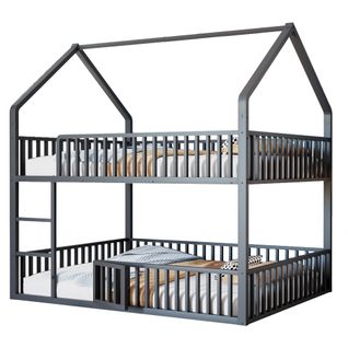 Lit Superposé 140x200cm Avec Escalier, 1 Sommier, Lit Cabane De Style Simple, En Métal Noir