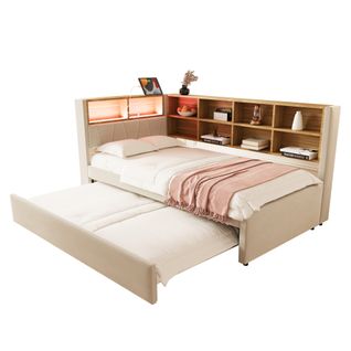 Lit Gigogne Moderne 90x190, Canapé-lit 90x200, LED, Prises Et Rangement, Flanelle Beige