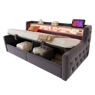 Lit Coffre 90x200 Cm Avec Rangement, LED, Prise Électrique Et Recharge USB-c, Velours Gris Foncé