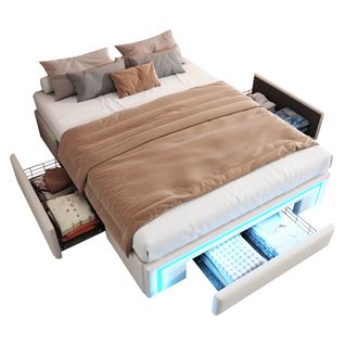 Lit Double 140x200 Cm, Avec Éclairage LED Réglable, 3 Tiroirs, Sans Tête De Lit, Pu Beige